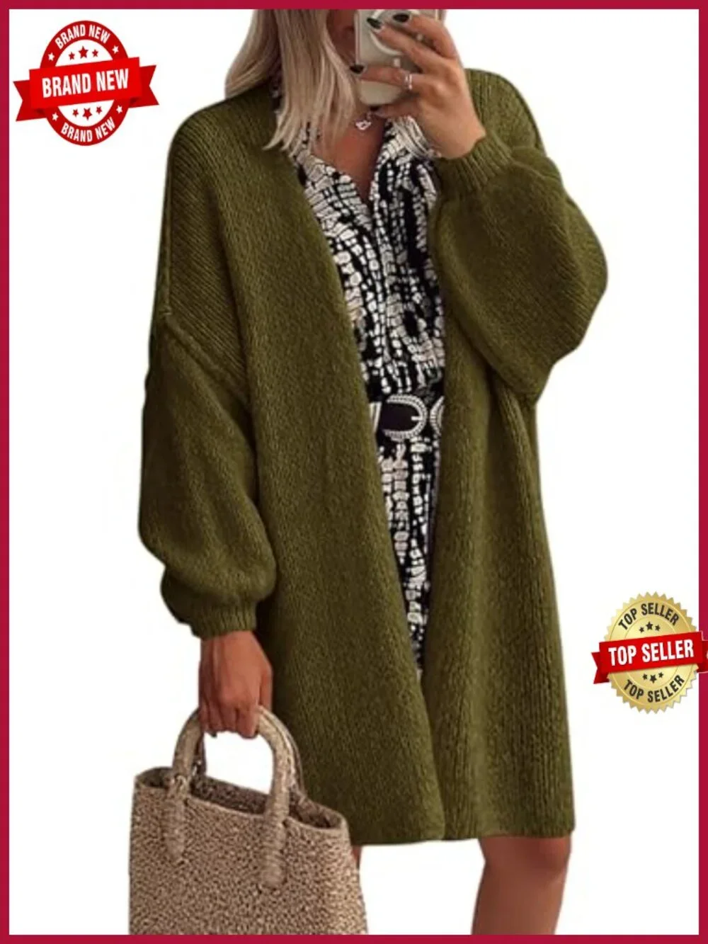 Oversized Long Cardigan Knit Polyester Blend Open Front V-Neck_4